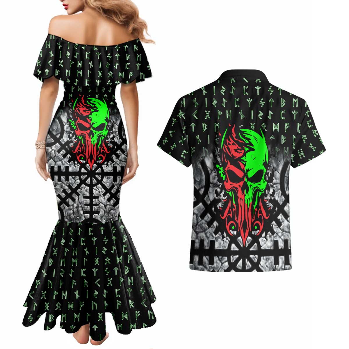 Flaming Skull Couples Matching Mermaid Dress and Hawaiian Shirt with Green Runes and Norse Symbols Viking Warrior Tribute - Wonder Print Shop