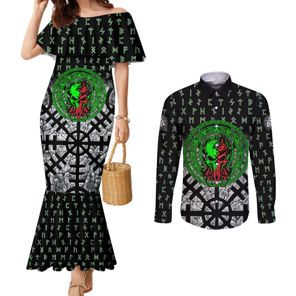 Flaming Skull Couples Matching Mermaid Dress and Long Sleeve Button Shirt with Green Runes and Norse Symbols Viking Warrior Tribute - Wonder Print Shop