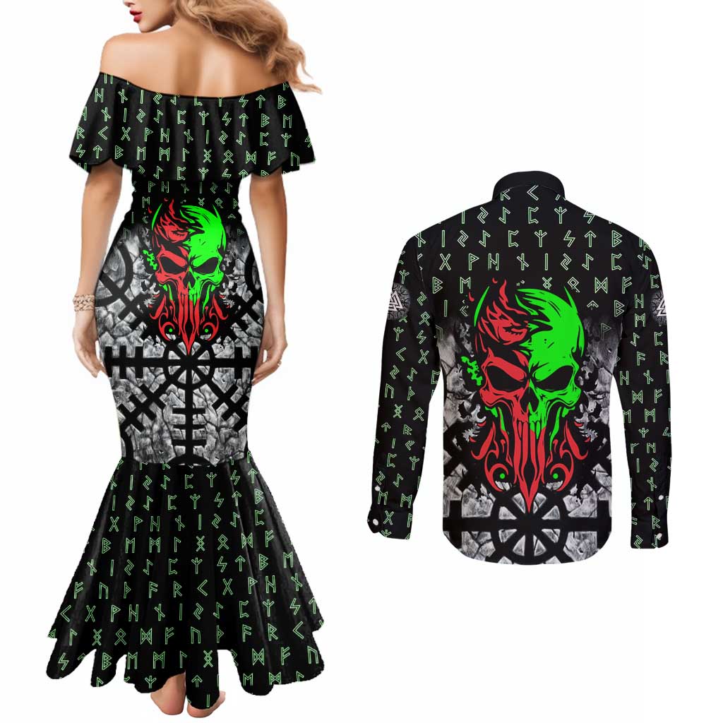Flaming Skull Couples Matching Mermaid Dress and Long Sleeve Button Shirt with Green Runes and Norse Symbols Viking Warrior Tribute - Wonder Print Shop