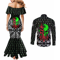 Flaming Skull Couples Matching Mermaid Dress and Long Sleeve Button Shirt with Green Runes and Norse Symbols Viking Warrior Tribute - Wonder Print Shop