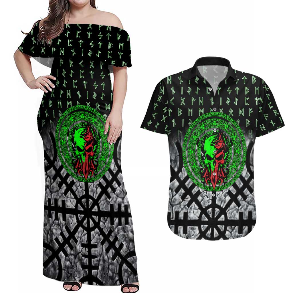 Flaming Skull Couples Matching Off Shoulder Maxi Dress and Hawaiian Shirt with Green Runes and Norse Symbols Viking Warrior Tribute - Wonder Print Shop