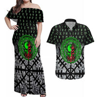 Flaming Skull Couples Matching Off Shoulder Maxi Dress and Hawaiian Shirt with Green Runes and Norse Symbols Viking Warrior Tribute - Wonder Print Shop