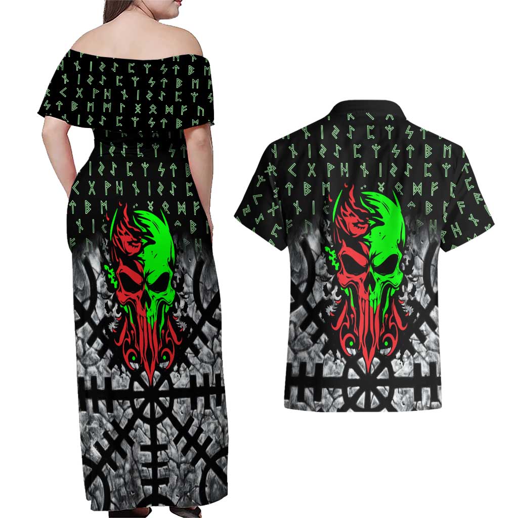 Flaming Skull Couples Matching Off Shoulder Maxi Dress and Hawaiian Shirt with Green Runes and Norse Symbols Viking Warrior Tribute - Wonder Print Shop
