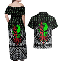 Flaming Skull Couples Matching Off Shoulder Maxi Dress and Hawaiian Shirt with Green Runes and Norse Symbols Viking Warrior Tribute - Wonder Print Shop