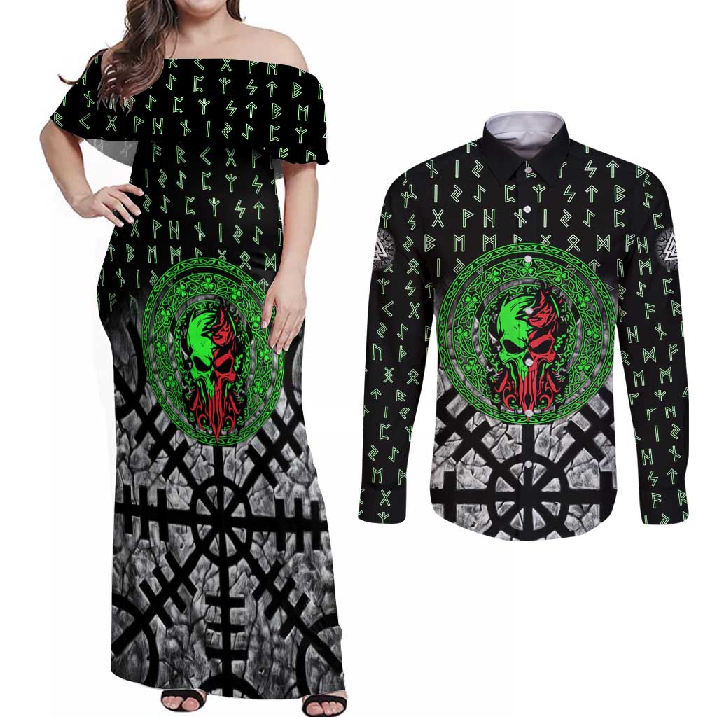 Flaming Skull Couples Matching Off Shoulder Maxi Dress and Long Sleeve Button Shirt with Green Runes and Norse Symbols Viking Warrior Tribute - Wonder Print Shop