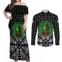 Flaming Skull Couples Matching Off Shoulder Maxi Dress and Long Sleeve Button Shirt with Green Runes and Norse Symbols Viking Warrior Tribute - Wonder Print Shop