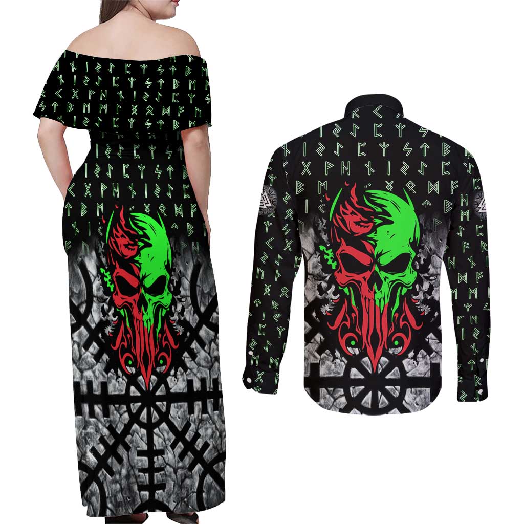 Flaming Skull Couples Matching Off Shoulder Maxi Dress and Long Sleeve Button Shirt with Green Runes and Norse Symbols Viking Warrior Tribute - Wonder Print Shop