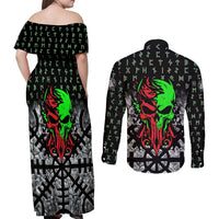 Flaming Skull Couples Matching Off Shoulder Maxi Dress and Long Sleeve Button Shirt with Green Runes and Norse Symbols Viking Warrior Tribute - Wonder Print Shop