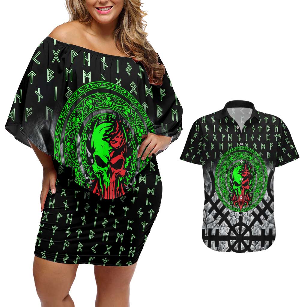 Flaming Skull Couples Matching Off Shoulder Short Dress and Hawaiian Shirt with Green Runes and Norse Symbols Viking Warrior Tribute - Wonder Print Shop