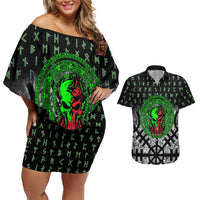 Flaming Skull Couples Matching Off Shoulder Short Dress and Hawaiian Shirt with Green Runes and Norse Symbols Viking Warrior Tribute - Wonder Print Shop