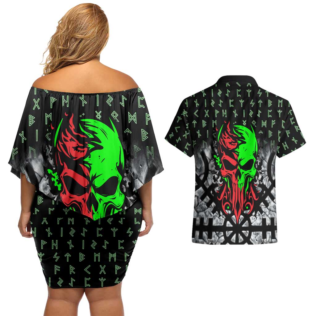 Flaming Skull Couples Matching Off Shoulder Short Dress and Hawaiian Shirt with Green Runes and Norse Symbols Viking Warrior Tribute - Wonder Print Shop