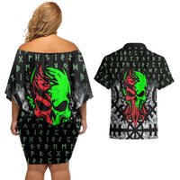 Flaming Skull Couples Matching Off Shoulder Short Dress and Hawaiian Shirt with Green Runes and Norse Symbols Viking Warrior Tribute - Wonder Print Shop