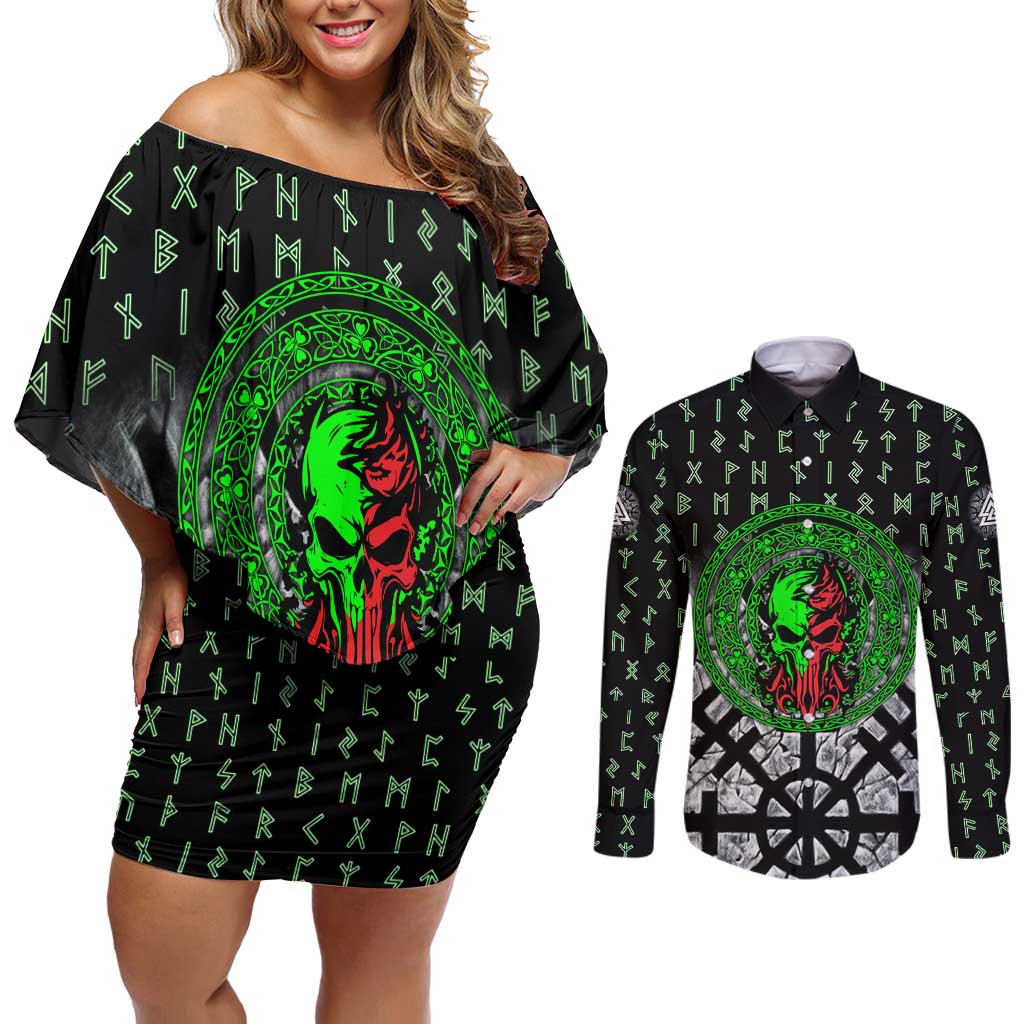 Flaming Skull Couples Matching Off Shoulder Short Dress and Long Sleeve Button Shirt with Green Runes and Norse Symbols Viking Warrior Tribute - Wonder Print Shop