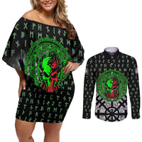 Flaming Skull Couples Matching Off Shoulder Short Dress and Long Sleeve Button Shirt with Green Runes and Norse Symbols Viking Warrior Tribute - Wonder Print Shop