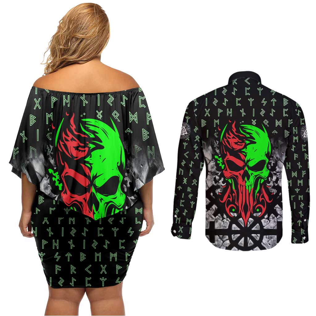 Flaming Skull Couples Matching Off Shoulder Short Dress and Long Sleeve Button Shirt with Green Runes and Norse Symbols Viking Warrior Tribute - Wonder Print Shop
