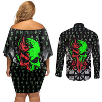 Flaming Skull Couples Matching Off Shoulder Short Dress and Long Sleeve Button Shirt with Green Runes and Norse Symbols Viking Warrior Tribute - Wonder Print Shop