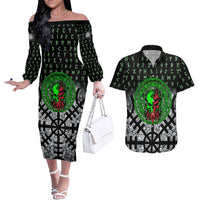 Flaming Skull Couples Matching Off The Shoulder Long Sleeve Dress and Hawaiian Shirt with Green Runes and Norse Symbols Viking Warrior Tribute - Wonder Print Shop