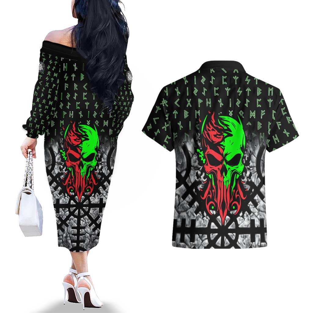 Flaming Skull Couples Matching Off The Shoulder Long Sleeve Dress and Hawaiian Shirt with Green Runes and Norse Symbols Viking Warrior Tribute - Wonder Print Shop