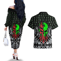 Flaming Skull Couples Matching Off The Shoulder Long Sleeve Dress and Hawaiian Shirt with Green Runes and Norse Symbols Viking Warrior Tribute - Wonder Print Shop