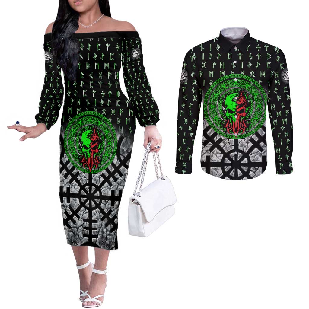 Flaming Skull Couples Matching Off The Shoulder Long Sleeve Dress and Long Sleeve Button Shirt with Green Runes and Norse Symbols Viking Warrior Tribute - Wonder Print Shop