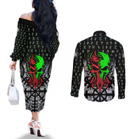 Flaming Skull Couples Matching Off The Shoulder Long Sleeve Dress and Long Sleeve Button Shirt with Green Runes and Norse Symbols Viking Warrior Tribute - Wonder Print Shop