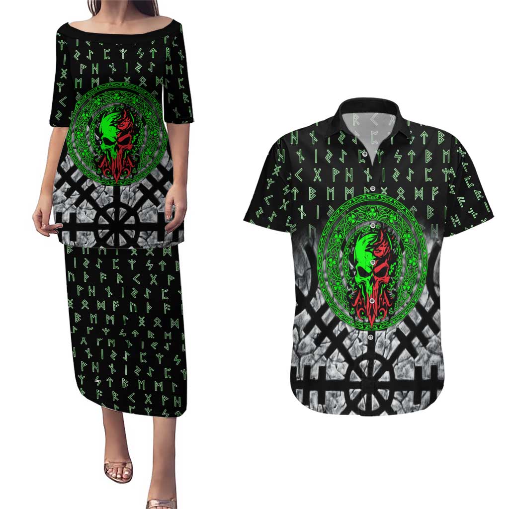 Flaming Skull Couples Matching Puletasi and Hawaiian Shirt with Green Runes and Norse Symbols Viking Warrior Tribute - Wonder Print Shop