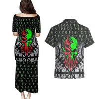 Flaming Skull Couples Matching Puletasi and Hawaiian Shirt with Green Runes and Norse Symbols Viking Warrior Tribute - Wonder Print Shop