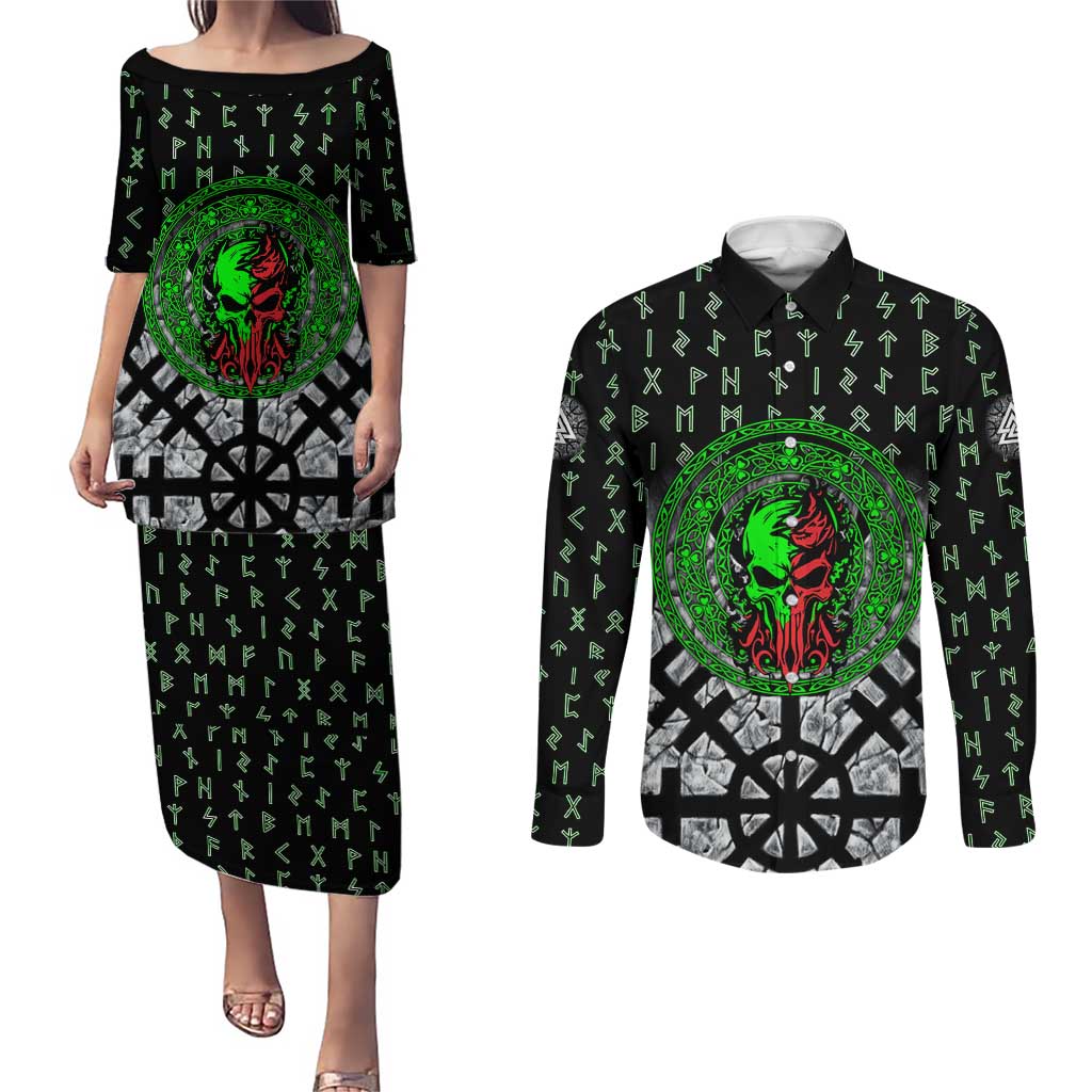 Flaming Skull Couples Matching Puletasi and Long Sleeve Button Shirt with Green Runes and Norse Symbols Viking Warrior Tribute - Wonder Print Shop