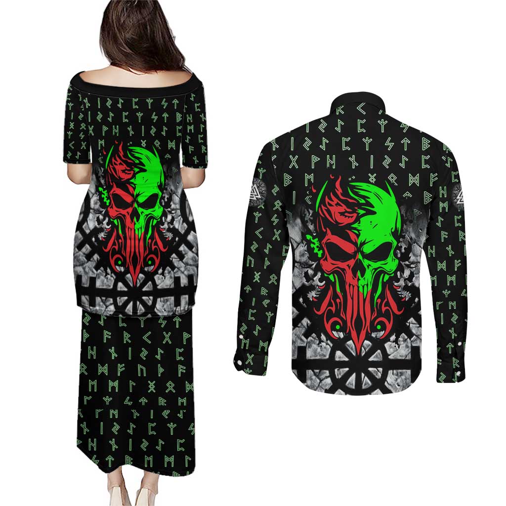 Flaming Skull Couples Matching Puletasi and Long Sleeve Button Shirt with Green Runes and Norse Symbols Viking Warrior Tribute - Wonder Print Shop