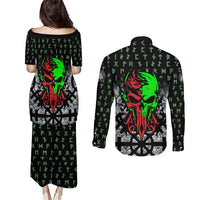 Flaming Skull Couples Matching Puletasi and Long Sleeve Button Shirt with Green Runes and Norse Symbols Viking Warrior Tribute - Wonder Print Shop