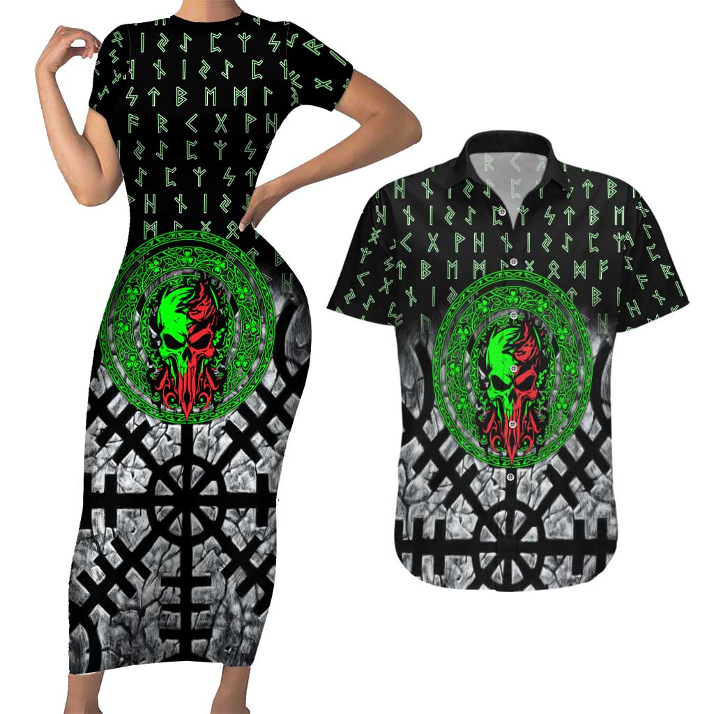 Flaming Skull Couples Matching Short Sleeve Bodycon Dress and Hawaiian Shirt with Green Runes and Norse Symbols Viking Warrior Tribute - Wonder Print Shop