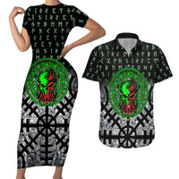 Flaming Skull Couples Matching Short Sleeve Bodycon Dress and Hawaiian Shirt with Green Runes and Norse Symbols Viking Warrior Tribute - Wonder Print Shop