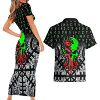 Flaming Skull Couples Matching Short Sleeve Bodycon Dress and Hawaiian Shirt with Green Runes and Norse Symbols Viking Warrior Tribute - Wonder Print Shop