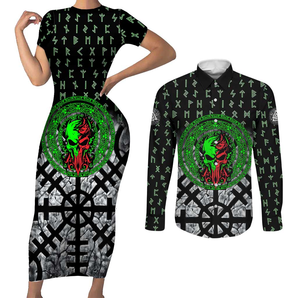 Flaming Skull Couples Matching Short Sleeve Bodycon Dress and Long Sleeve Button Shirt with Green Runes and Norse Symbols Viking Warrior Tribute - Wonder Print Shop