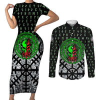 Flaming Skull Couples Matching Short Sleeve Bodycon Dress and Long Sleeve Button Shirt with Green Runes and Norse Symbols Viking Warrior Tribute - Wonder Print Shop