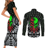 Flaming Skull Couples Matching Short Sleeve Bodycon Dress and Long Sleeve Button Shirt with Green Runes and Norse Symbols Viking Warrior Tribute - Wonder Print Shop