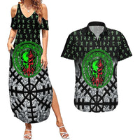 Flaming Skull Couples Matching Summer Maxi Dress and Hawaiian Shirt with Green Runes and Norse Symbols Viking Warrior Tribute - Wonder Print Shop