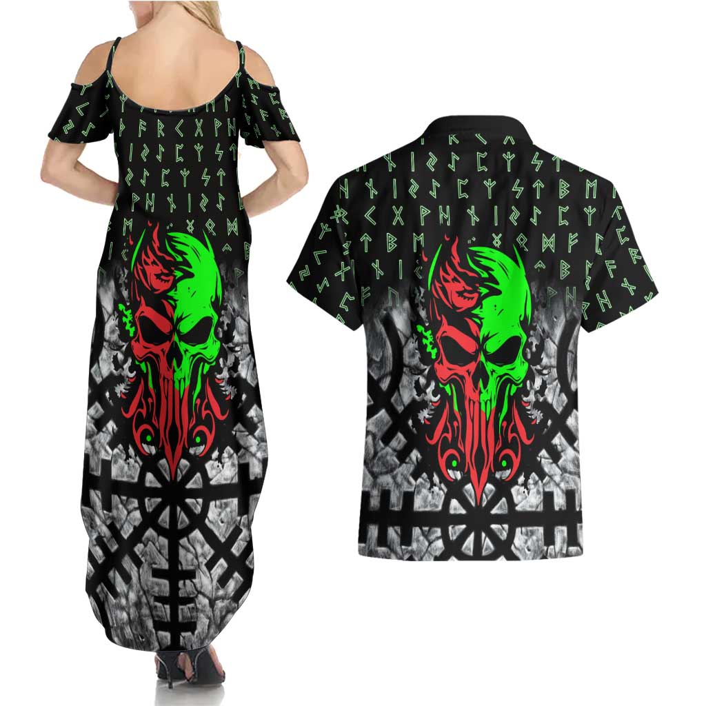 Flaming Skull Couples Matching Summer Maxi Dress and Hawaiian Shirt with Green Runes and Norse Symbols Viking Warrior Tribute - Wonder Print Shop