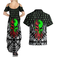 Flaming Skull Couples Matching Summer Maxi Dress and Hawaiian Shirt with Green Runes and Norse Symbols Viking Warrior Tribute - Wonder Print Shop
