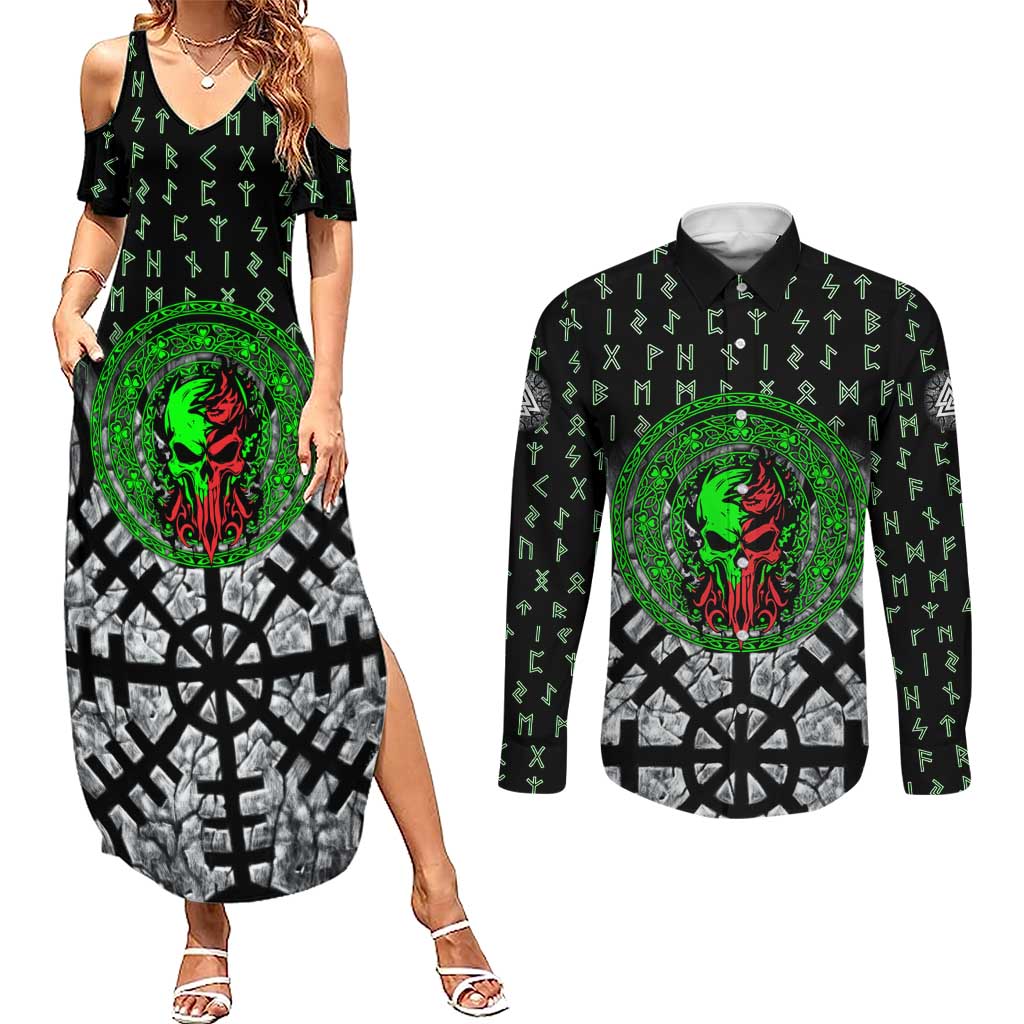 Flaming Skull Couples Matching Summer Maxi Dress and Long Sleeve Button Shirt with Green Runes and Norse Symbols Viking Warrior Tribute - Wonder Print Shop