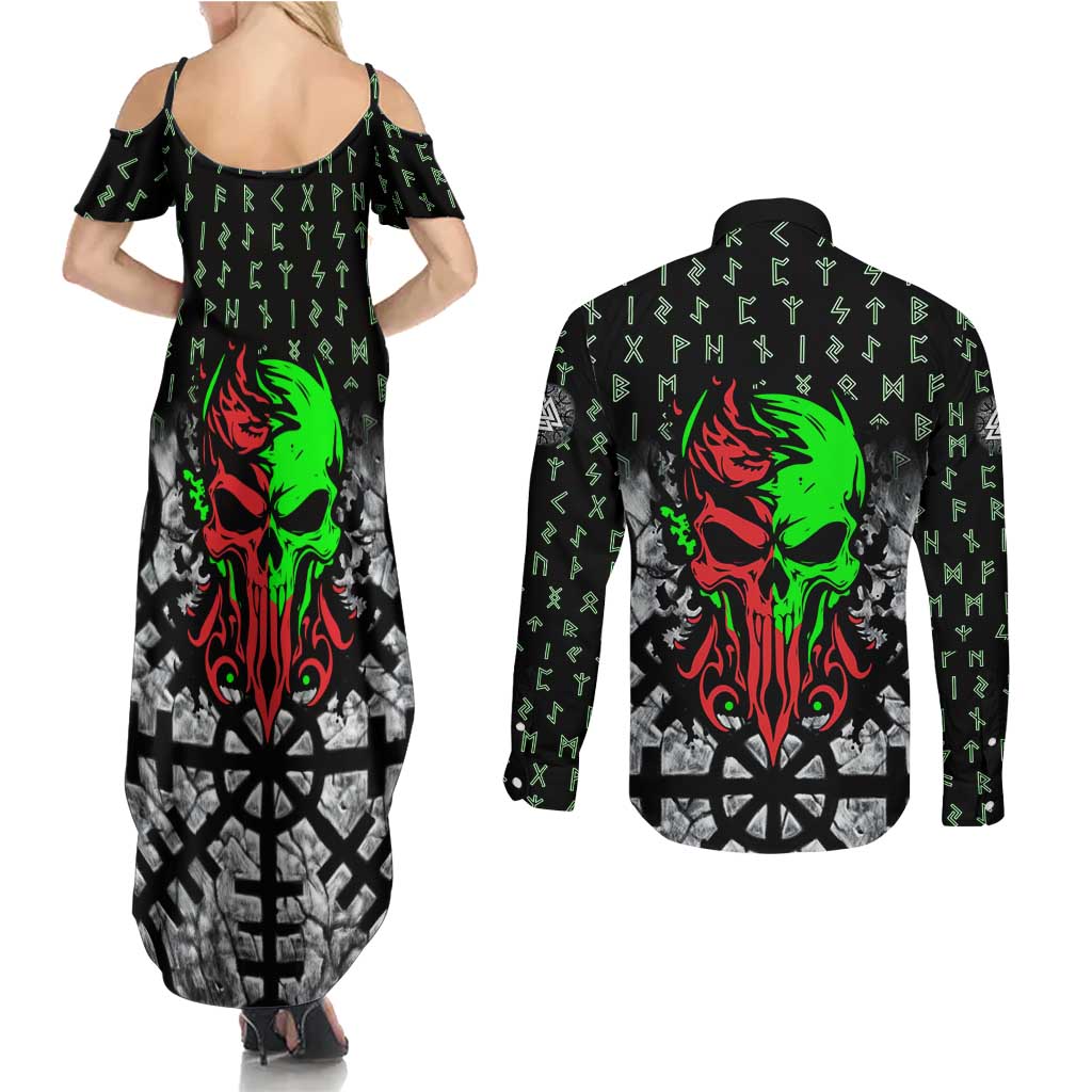 Flaming Skull Couples Matching Summer Maxi Dress and Long Sleeve Button Shirt with Green Runes and Norse Symbols Viking Warrior Tribute - Wonder Print Shop