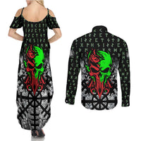 Flaming Skull Couples Matching Summer Maxi Dress and Long Sleeve Button Shirt with Green Runes and Norse Symbols Viking Warrior Tribute - Wonder Print Shop