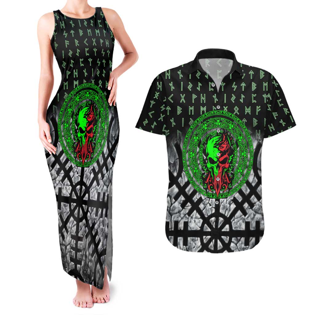 Flaming Skull Couples Matching Tank Maxi Dress and Hawaiian Shirt with Green Runes and Norse Symbols Viking Warrior Tribute - Wonder Print Shop