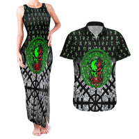 Flaming Skull Couples Matching Tank Maxi Dress and Hawaiian Shirt with Green Runes and Norse Symbols Viking Warrior Tribute - Wonder Print Shop