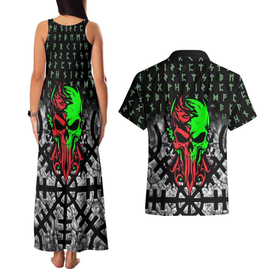 Flaming Skull Couples Matching Tank Maxi Dress and Hawaiian Shirt with Green Runes and Norse Symbols Viking Warrior Tribute - Wonder Print Shop