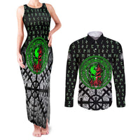 Flaming Skull Couples Matching Tank Maxi Dress and Long Sleeve Button Shirt with Green Runes and Norse Symbols Viking Warrior Tribute - Wonder Print Shop
