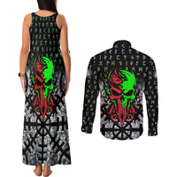 Flaming Skull Couples Matching Tank Maxi Dress and Long Sleeve Button Shirt with Green Runes and Norse Symbols Viking Warrior Tribute - Wonder Print Shop