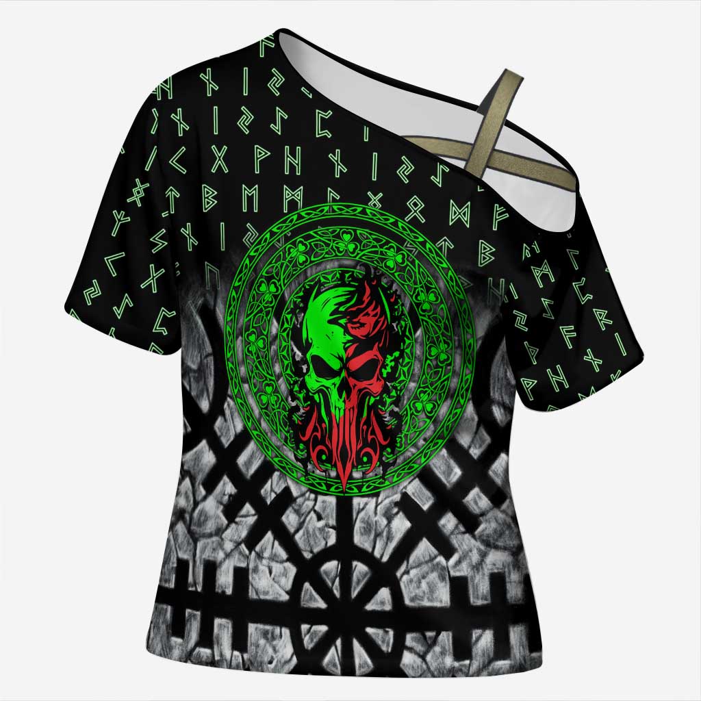 Flaming Skull Cross Shoulder Shirt with Green Runes and Norse Symbols Viking Warrior Tribute - Wonder Print Shop