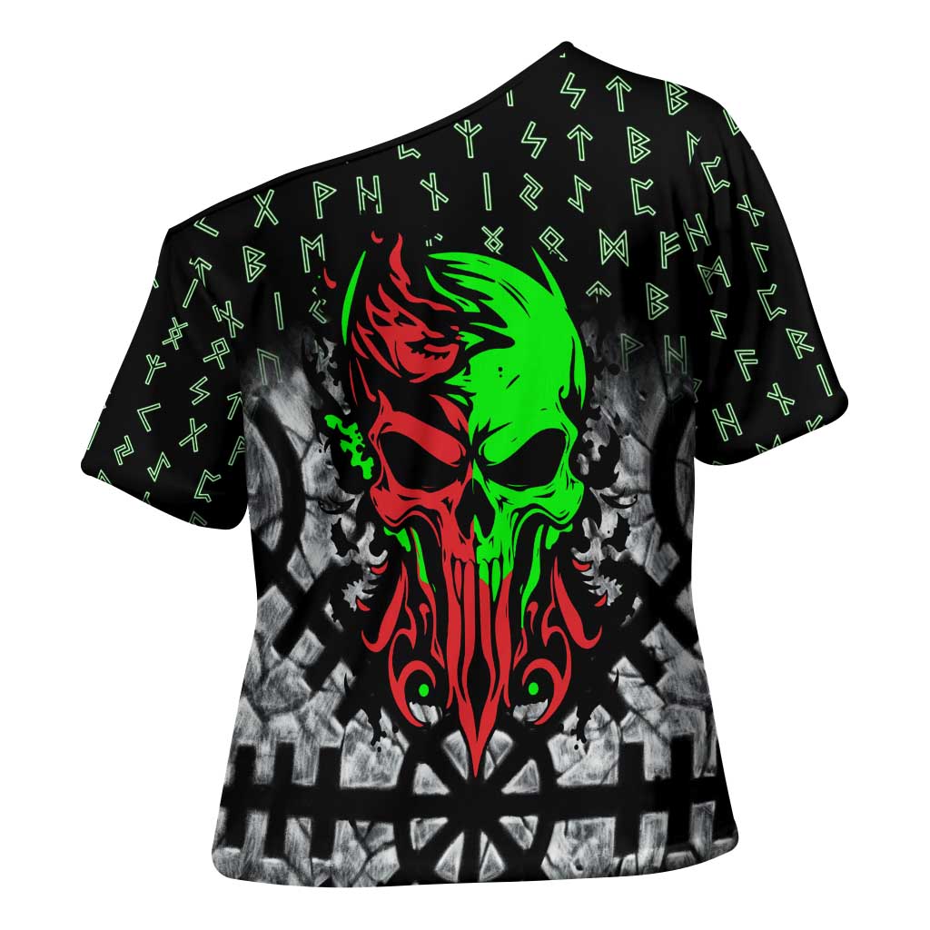 Flaming Skull Cross Shoulder Shirt with Green Runes and Norse Symbols Viking Warrior Tribute - Wonder Print Shop