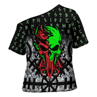 Flaming Skull Cross Shoulder Shirt with Green Runes and Norse Symbols Viking Warrior Tribute - Wonder Print Shop